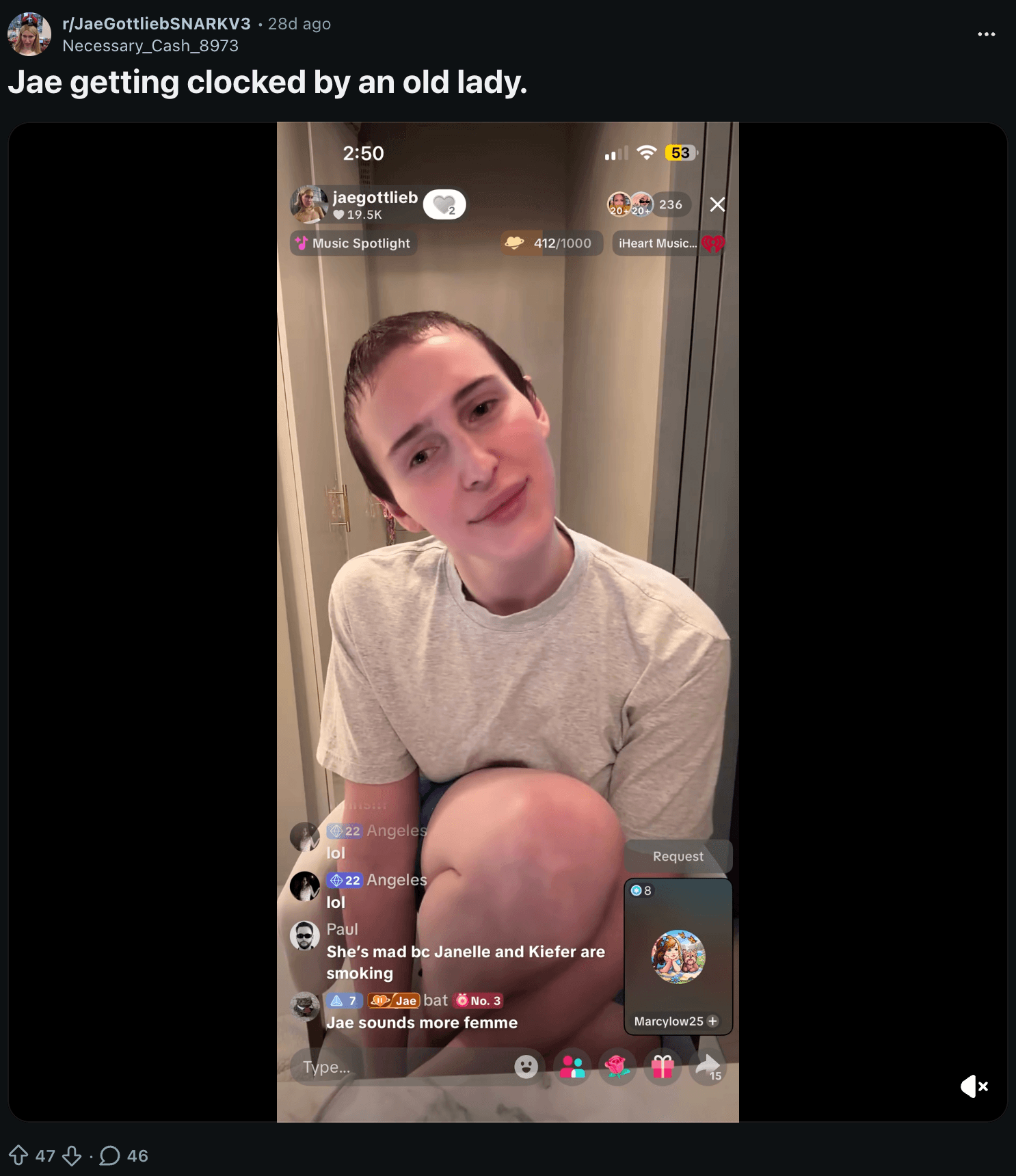 Reddit post about an old lady clocking Jae