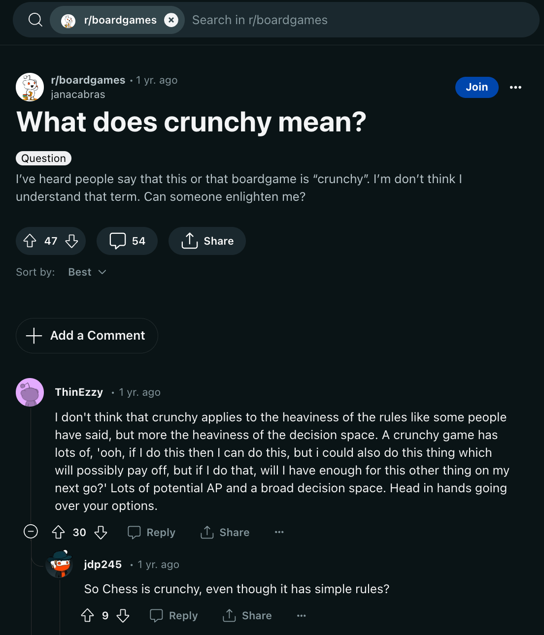 Gamers discussing the definition of crunchy on Reddit
