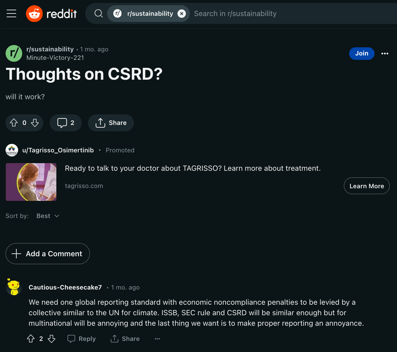 Users discussing the CSRD in Reddit's r/sustainability subreddit