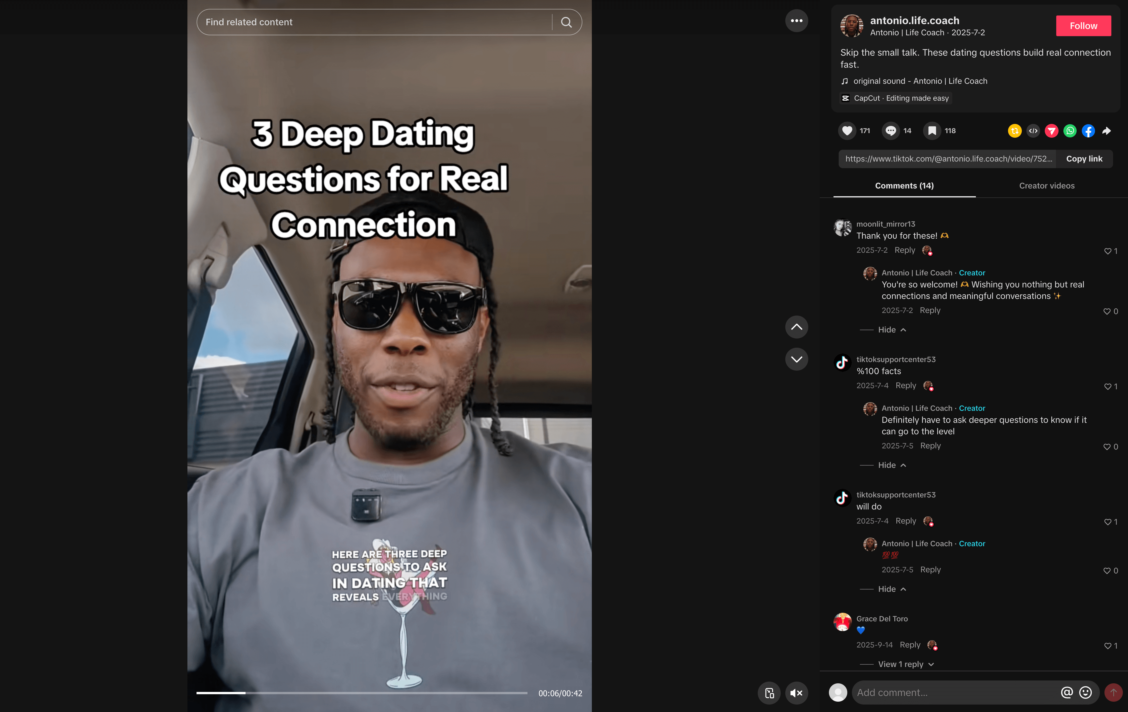 TikToker sharing 3 deep dating questions