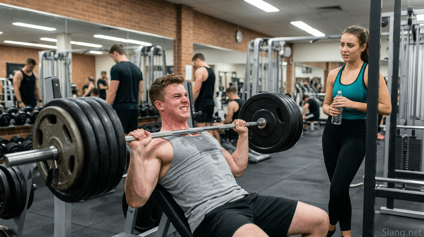 Classic example of ego lifting where a guy tries to impress a woman with too many weights