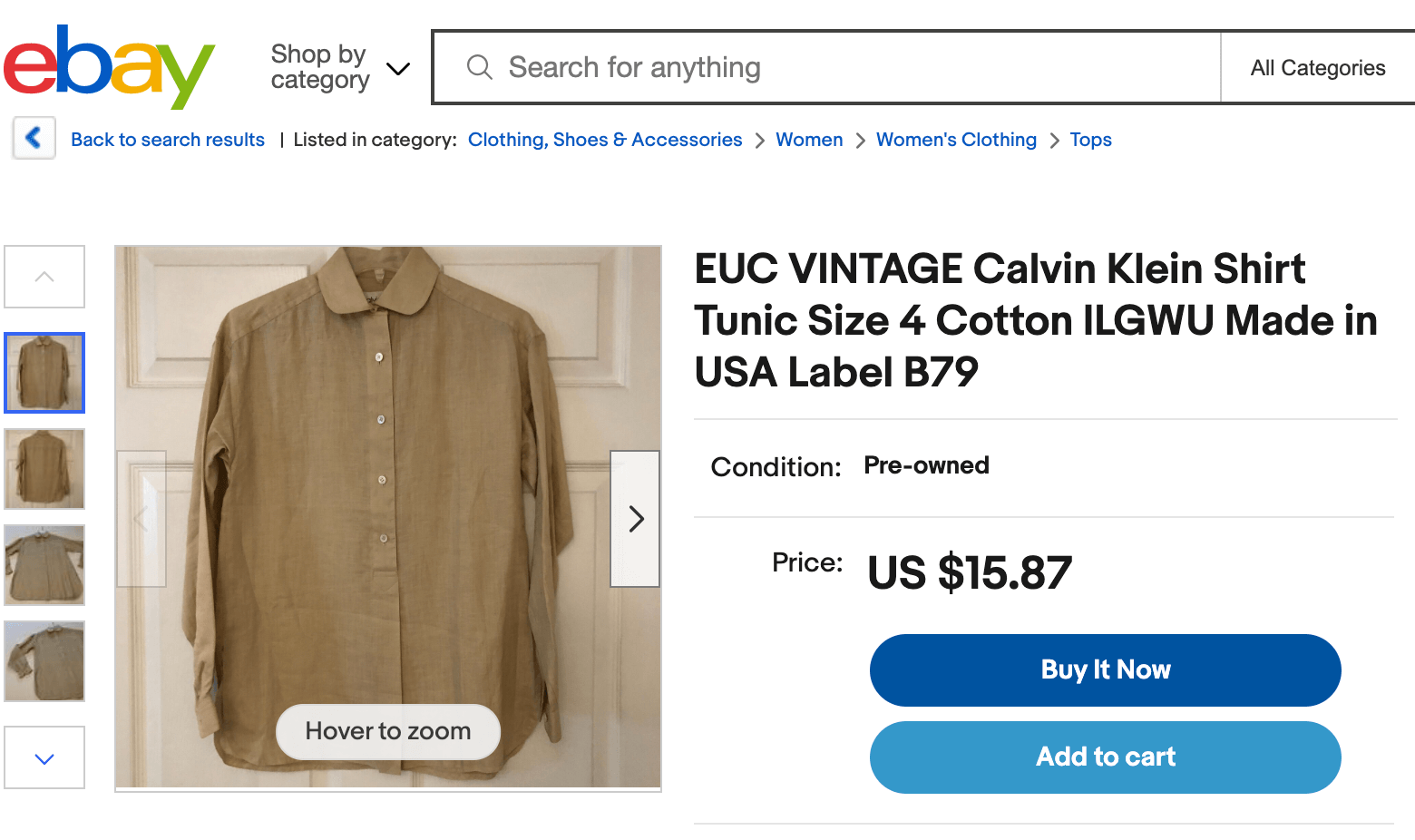 An eBay listing for an EUC Calvin Klein shirt