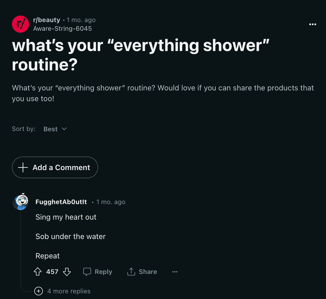 One Redditor's unorthodox everything shower routine