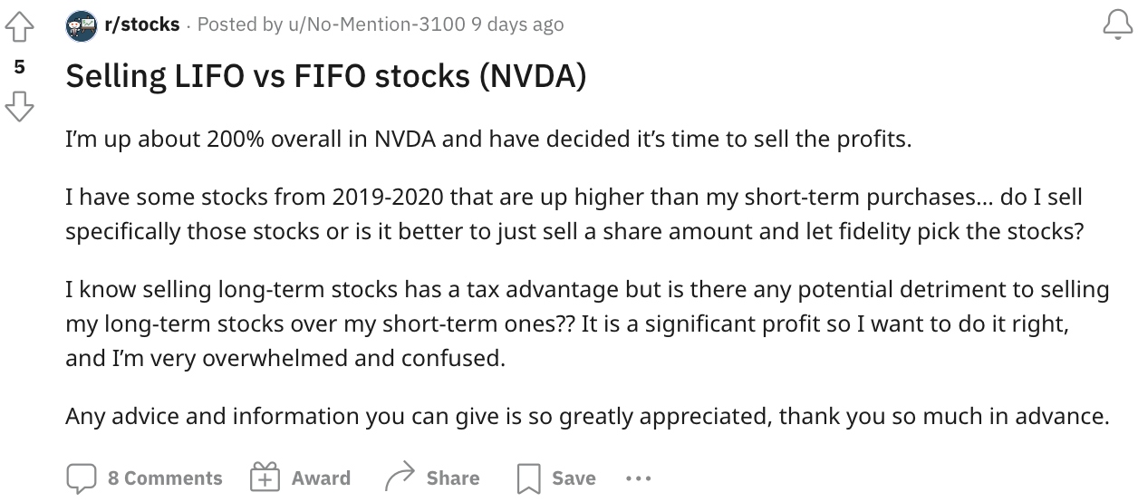 An NVDA shareholder discussing whether to sell stocks FIFO or LIFO