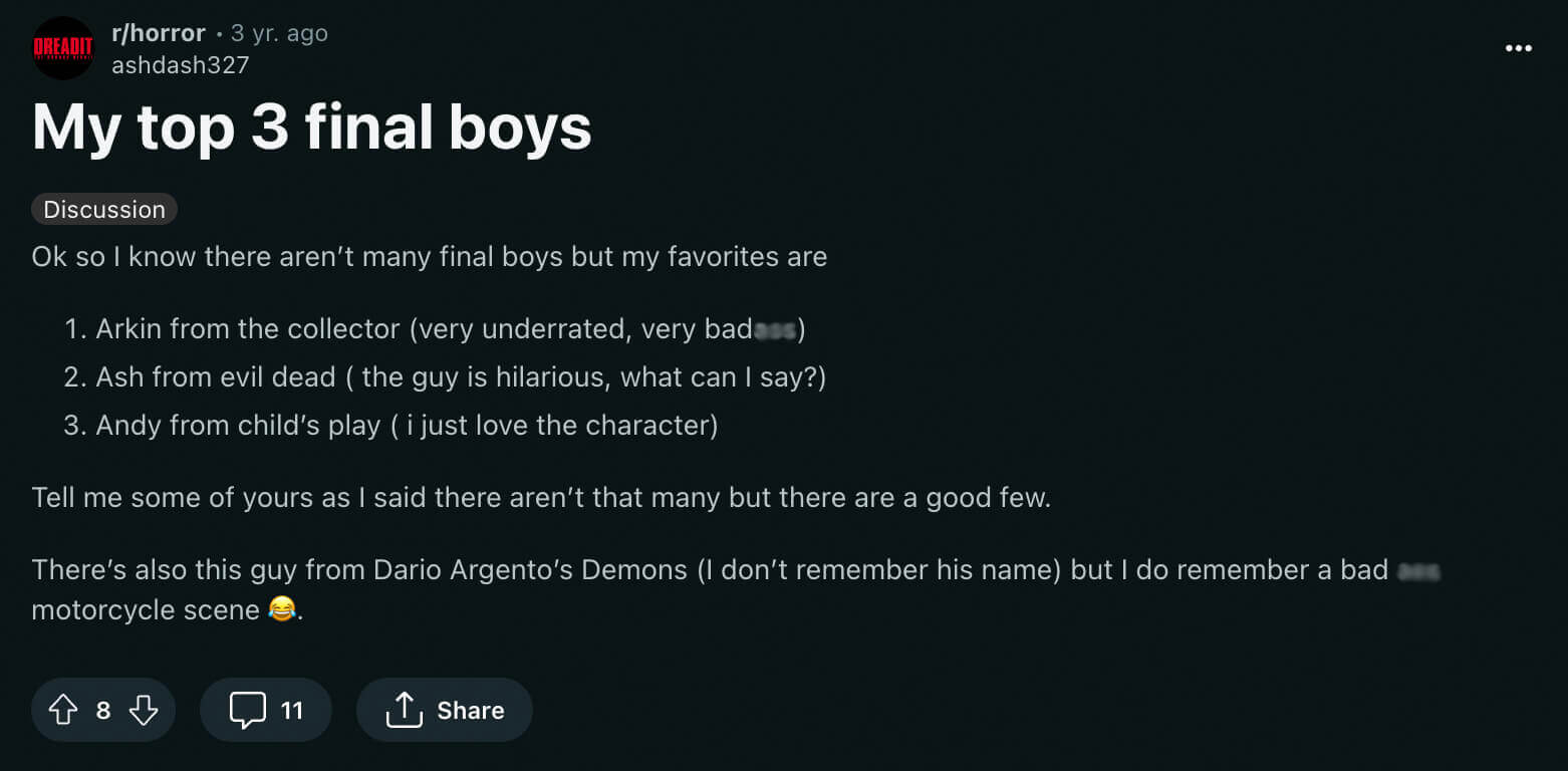 Redditor's top 3 list of final boys