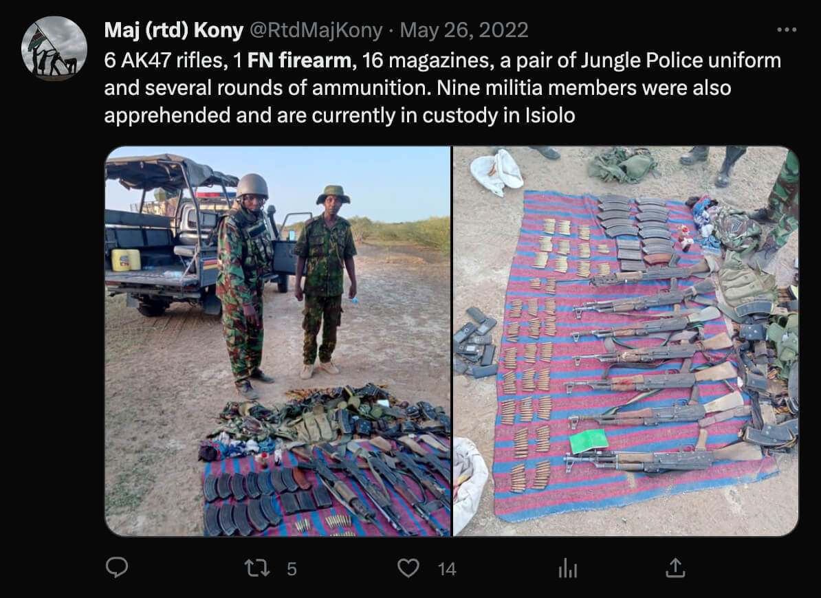 Tweet describing seized weapons, including an FN firearm