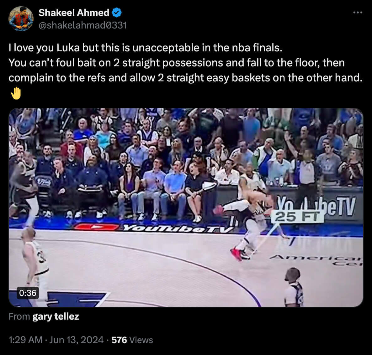 Post on X criticizing Luka for his foul bait play