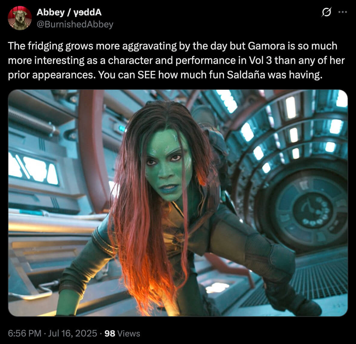 X post about the fridging of Gamora in Avengers: Infinity War