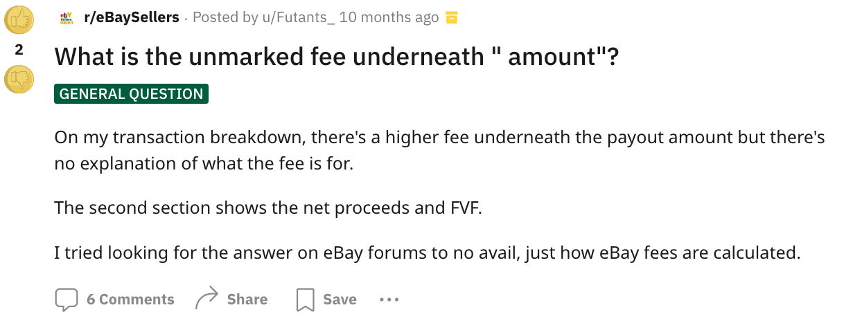 An eBay seller discussing the platform's fees, including FVF