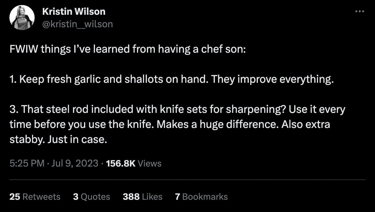 FWIW tweet sharing about things learned from a son who's a chef