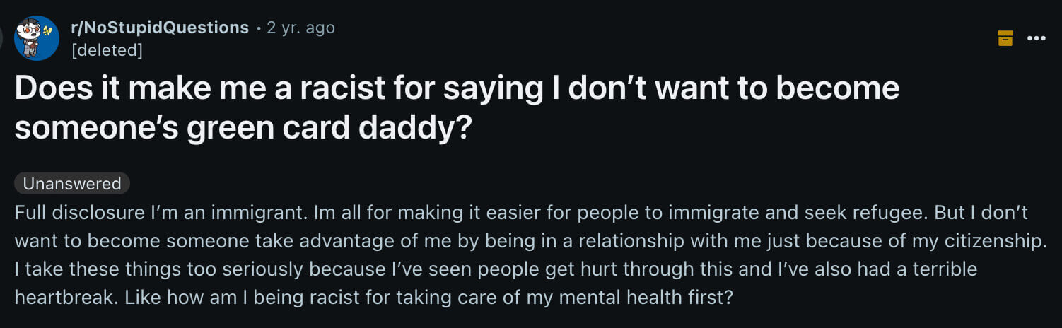Reddit post regarding being a green card daddy