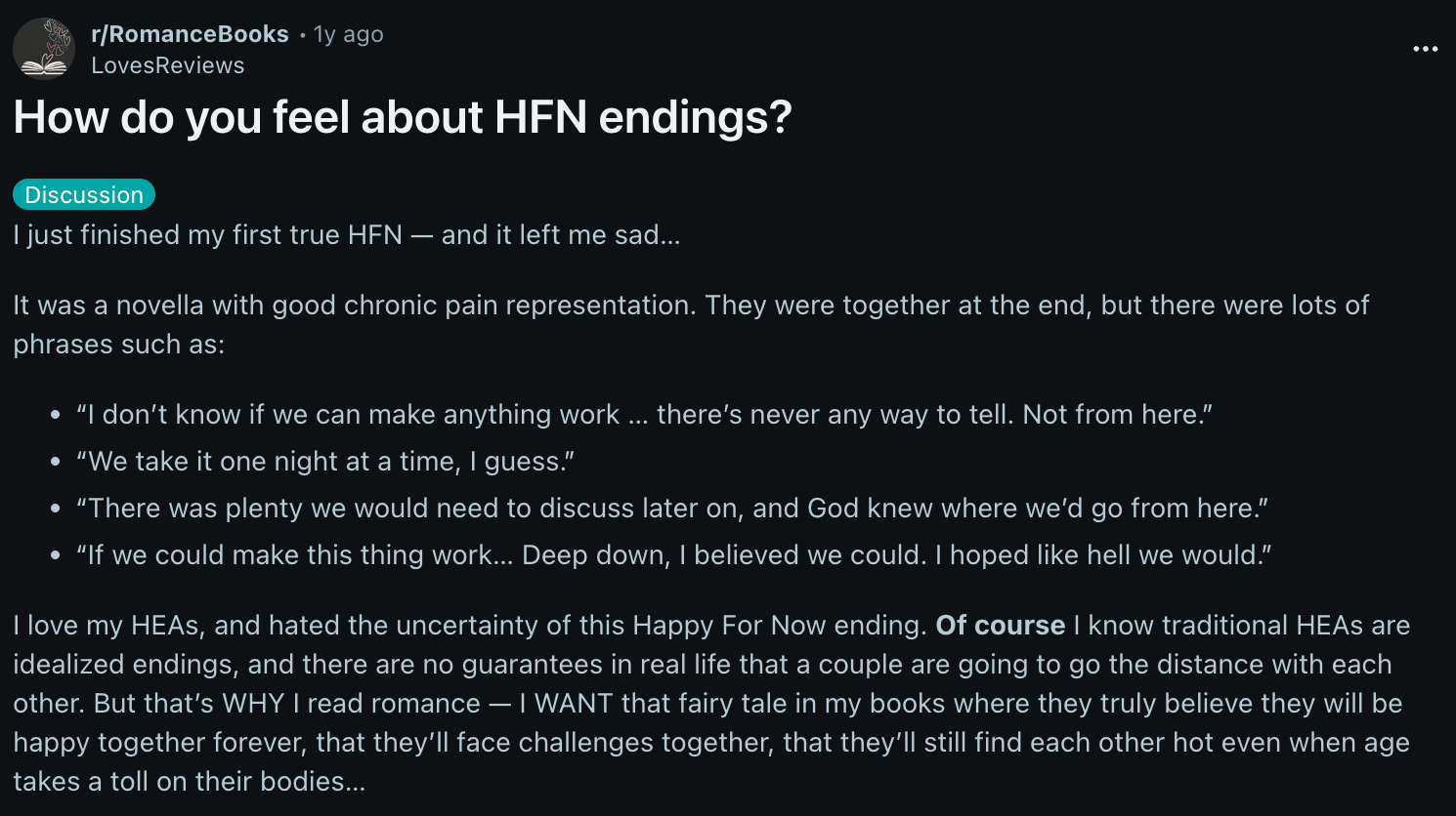 Redditor asking others about HFN book endings