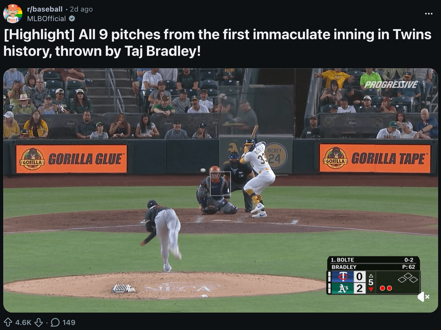 Taj Bradley throwing the first immaculate inning in Twins history