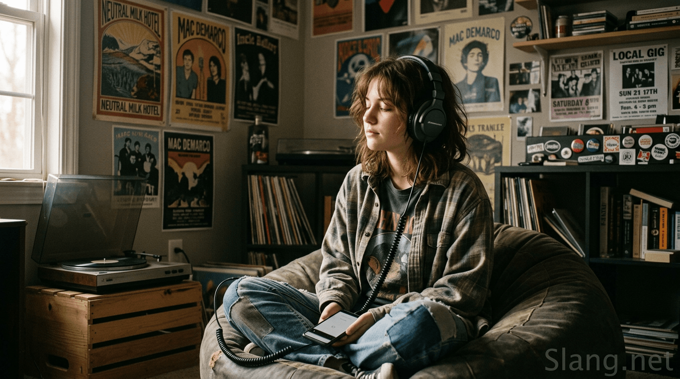 A teenager listening to indie music