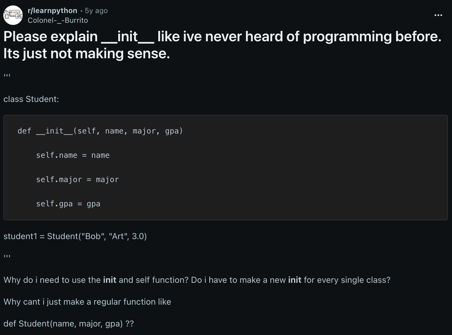 Reddit question related to init