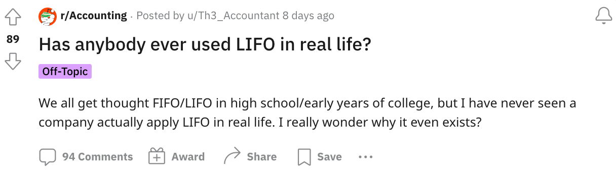 An accountant asking about others' use of LIFO on Reddit