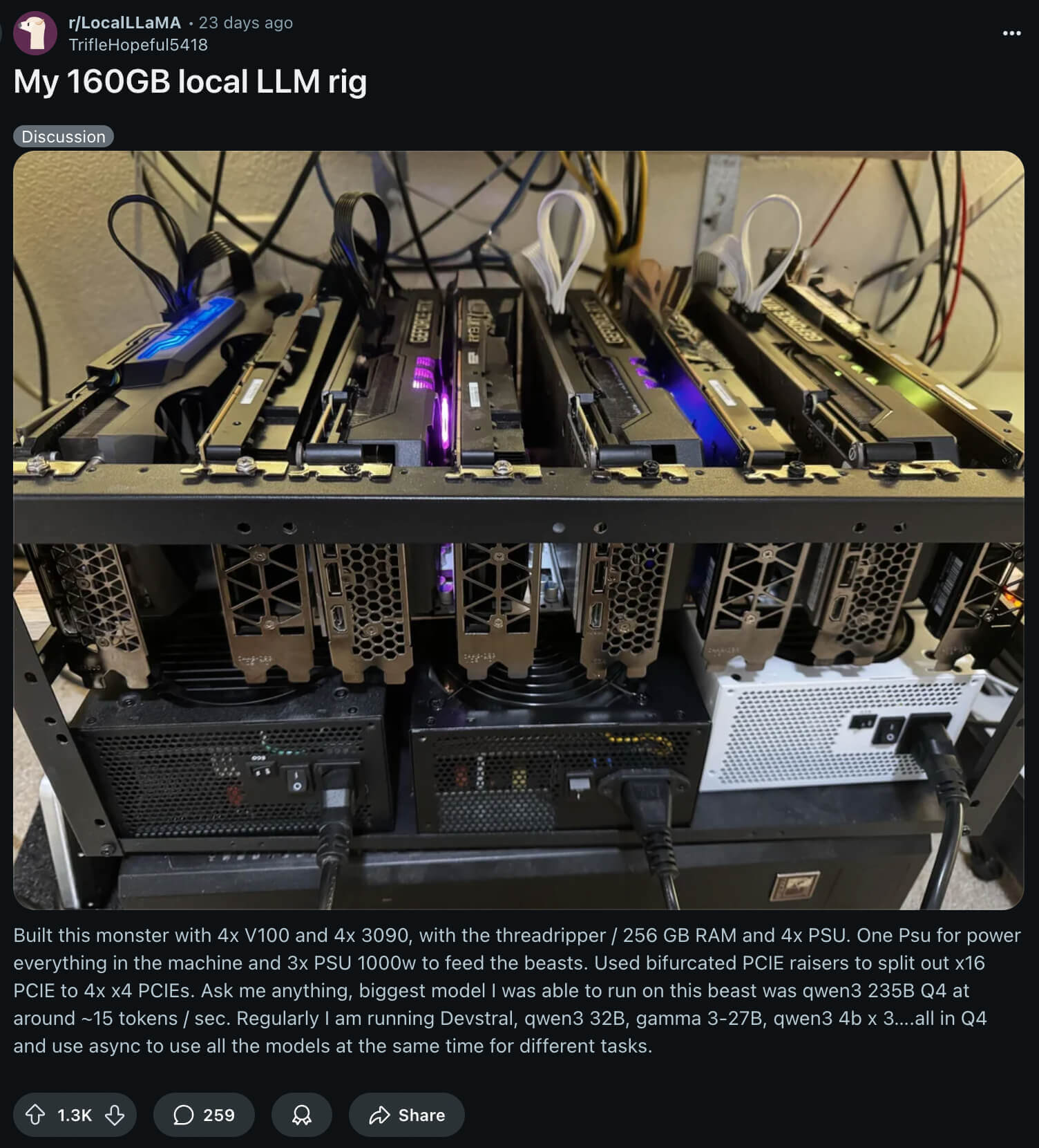 Redditor sharing a pic of his own LLM rig