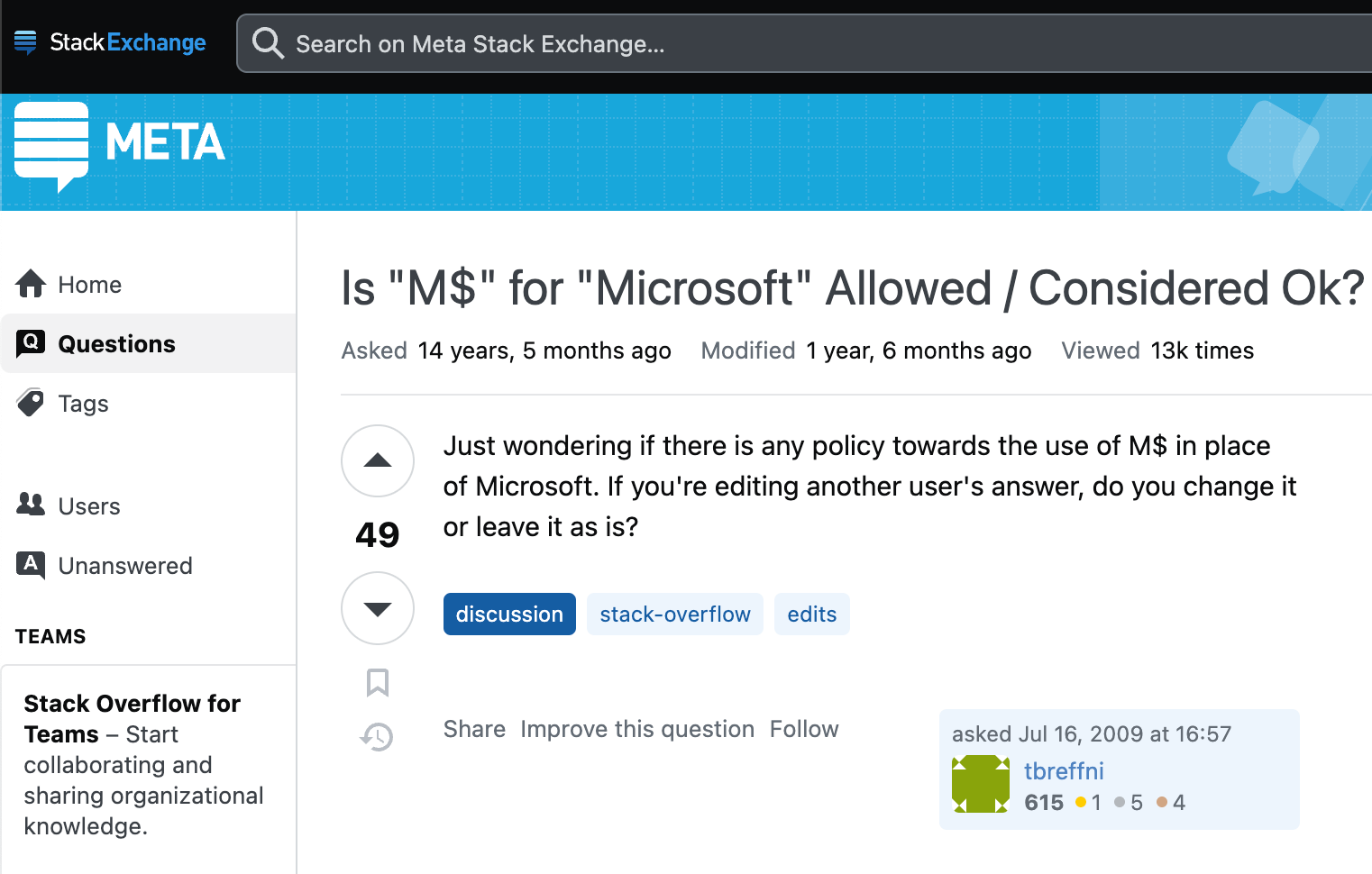 Discussion of whether the M$ abbreviation is appropriate on StackExchange