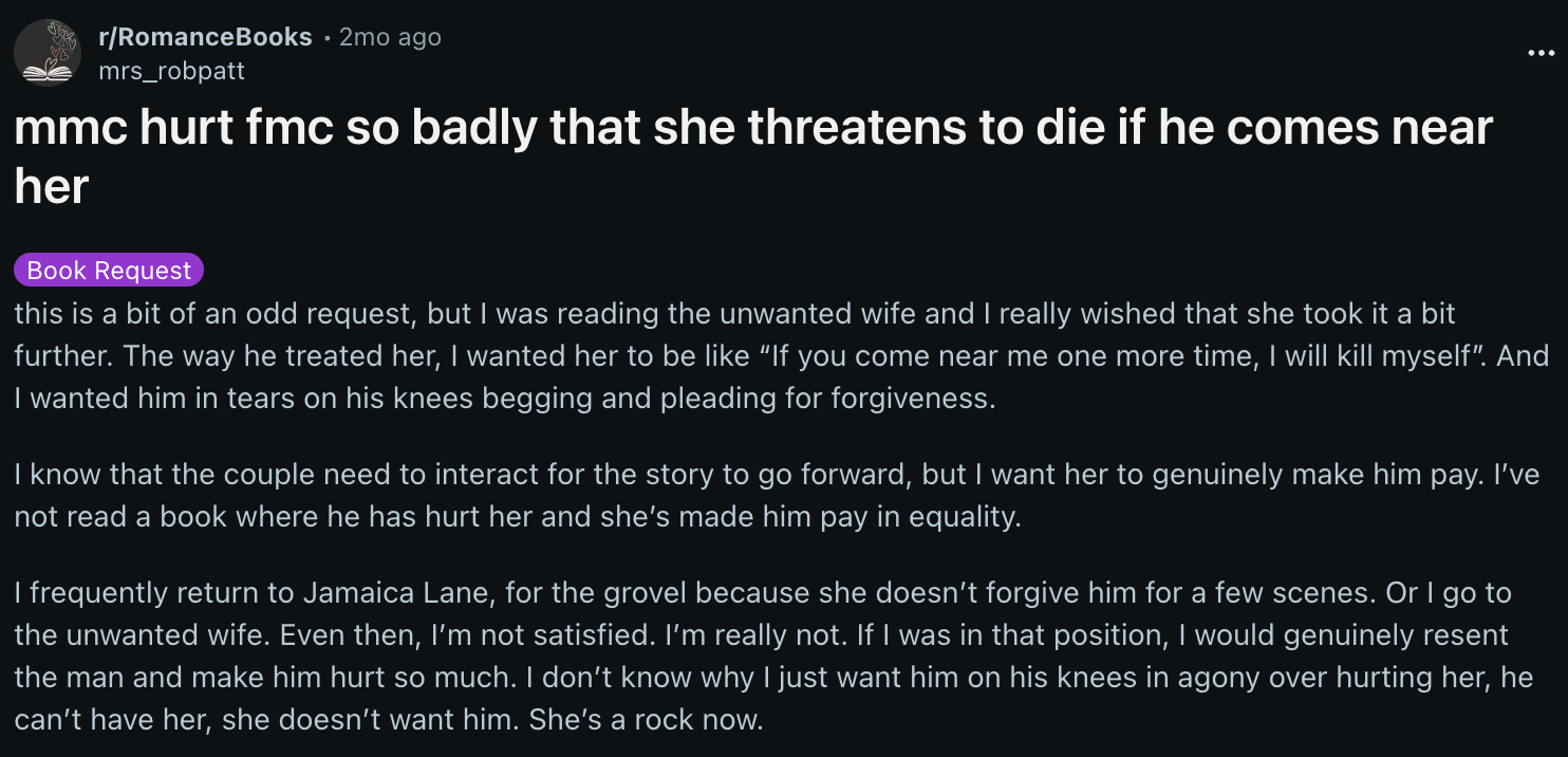 Redditor requesting a book with a certain MMC and FMC dynamic