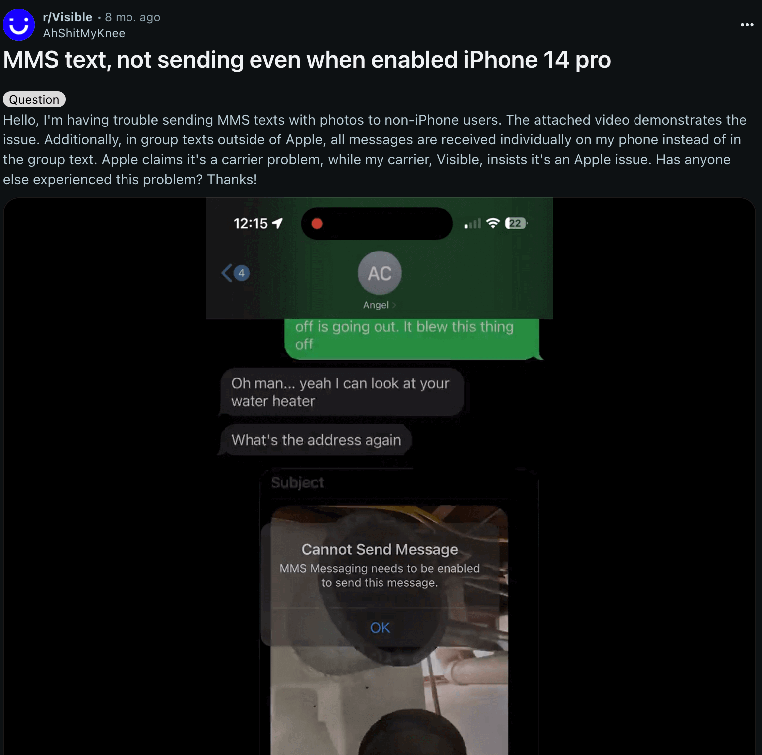 Reddit user sharing an MMS issue