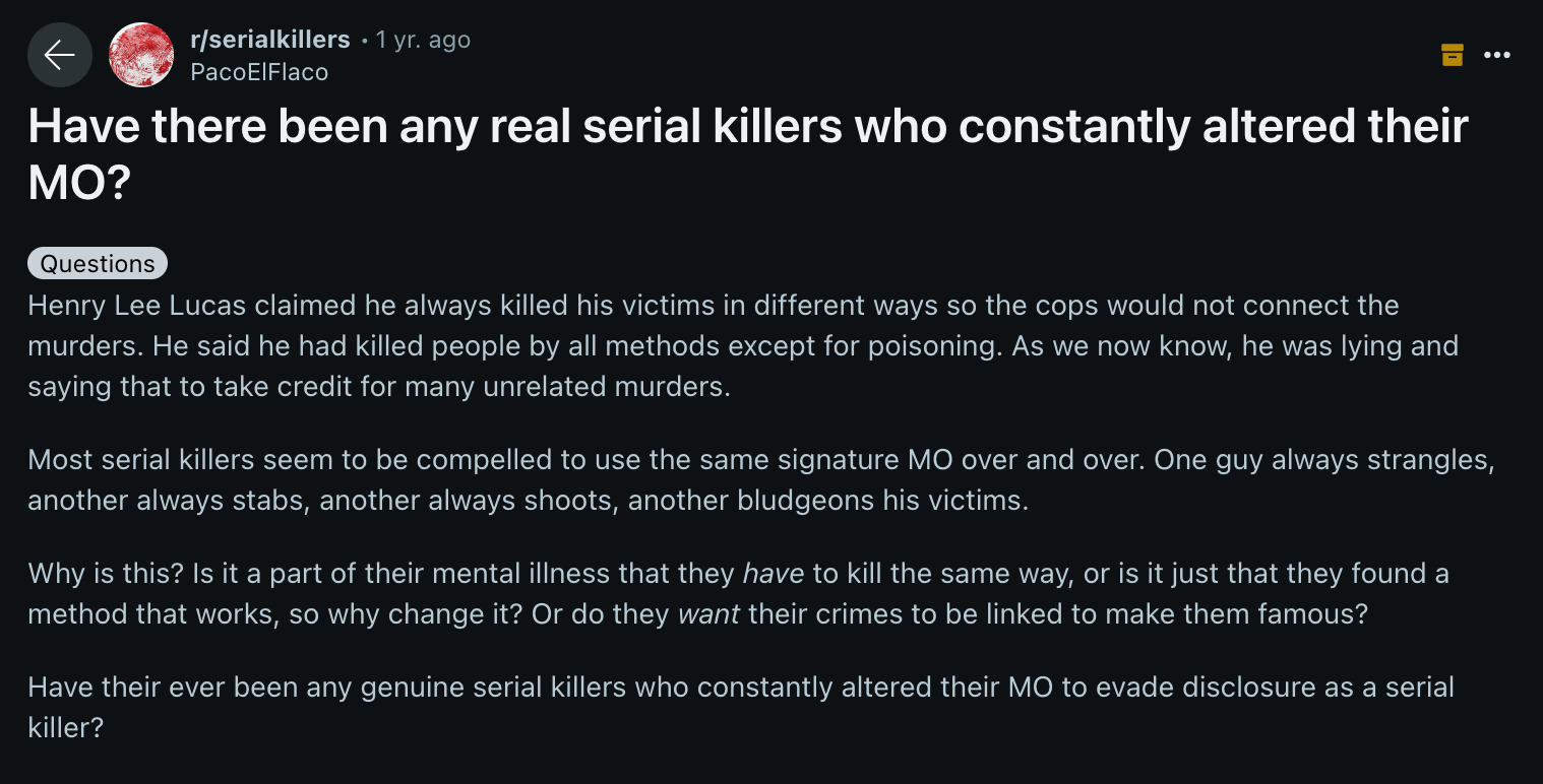 Question about killers&#039; MO on Reddit