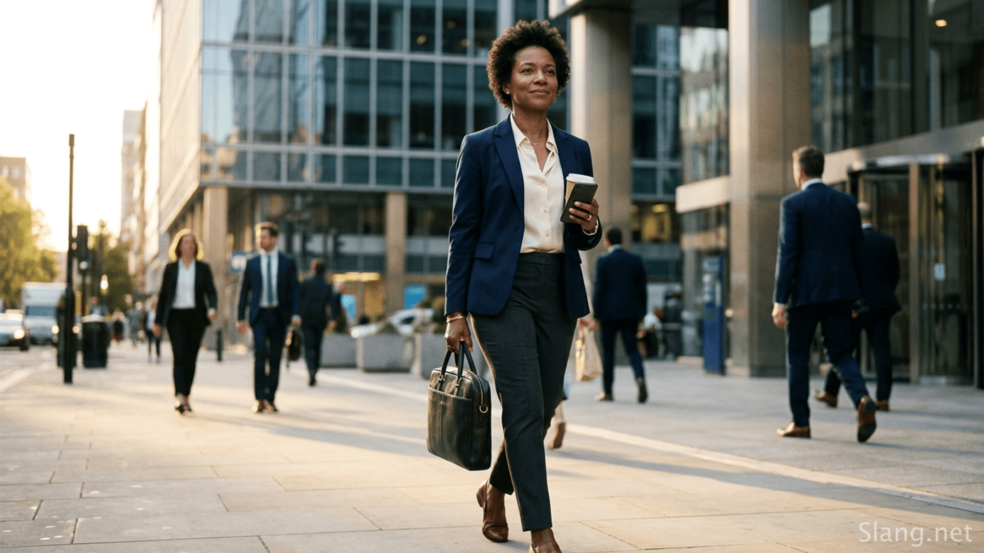 A woman with motion working her way up the corporate ladder