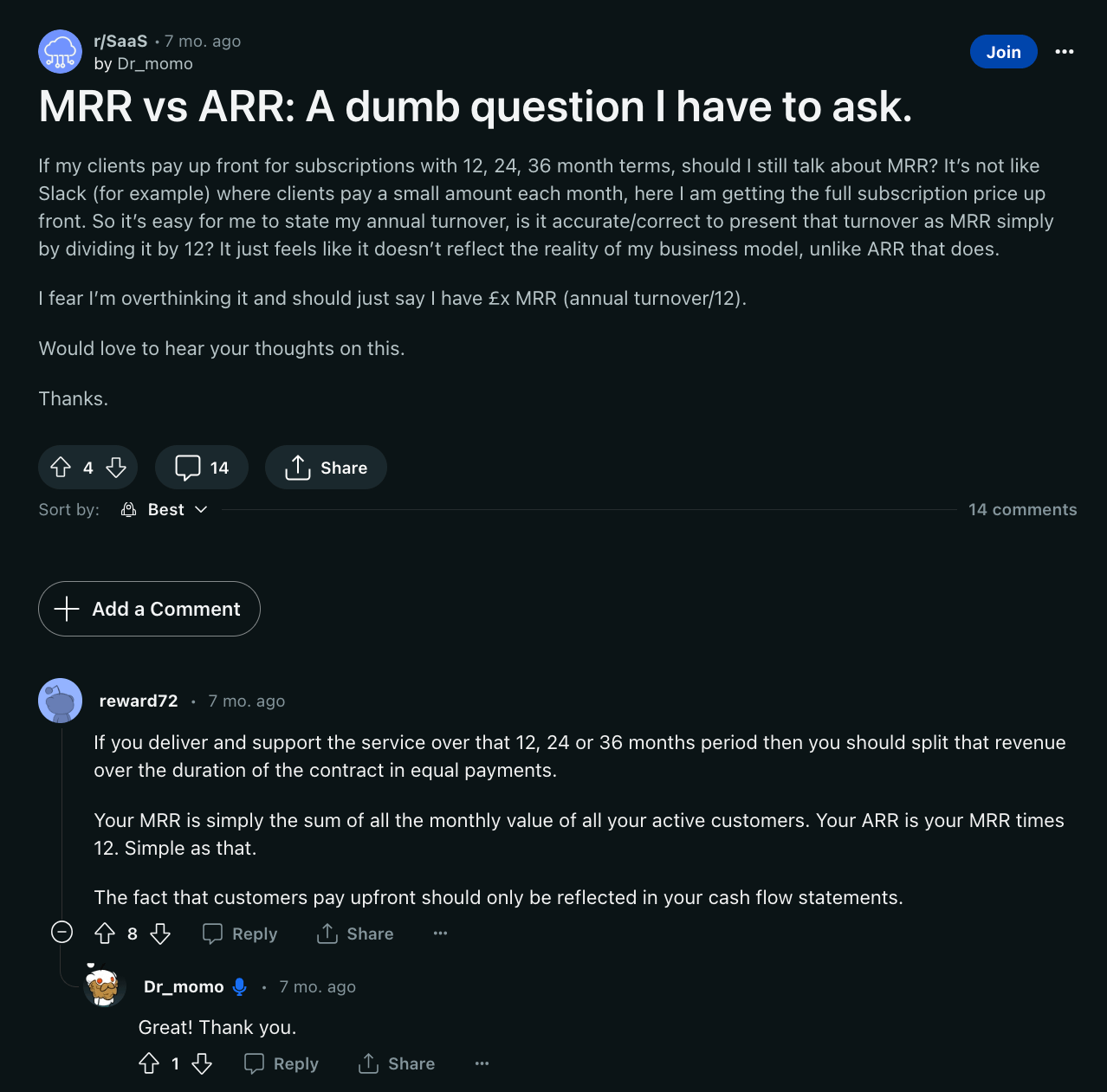 SaaS developers discussing MRR on Reddit