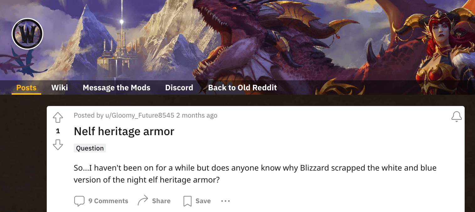 A WoW player asking about nelf Heritage Armor
