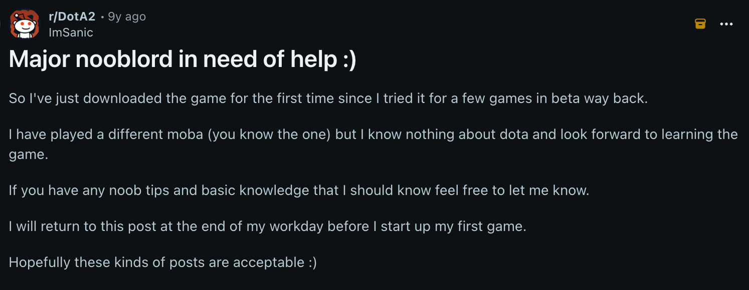 Redditor admitting they are a nooblord and need help