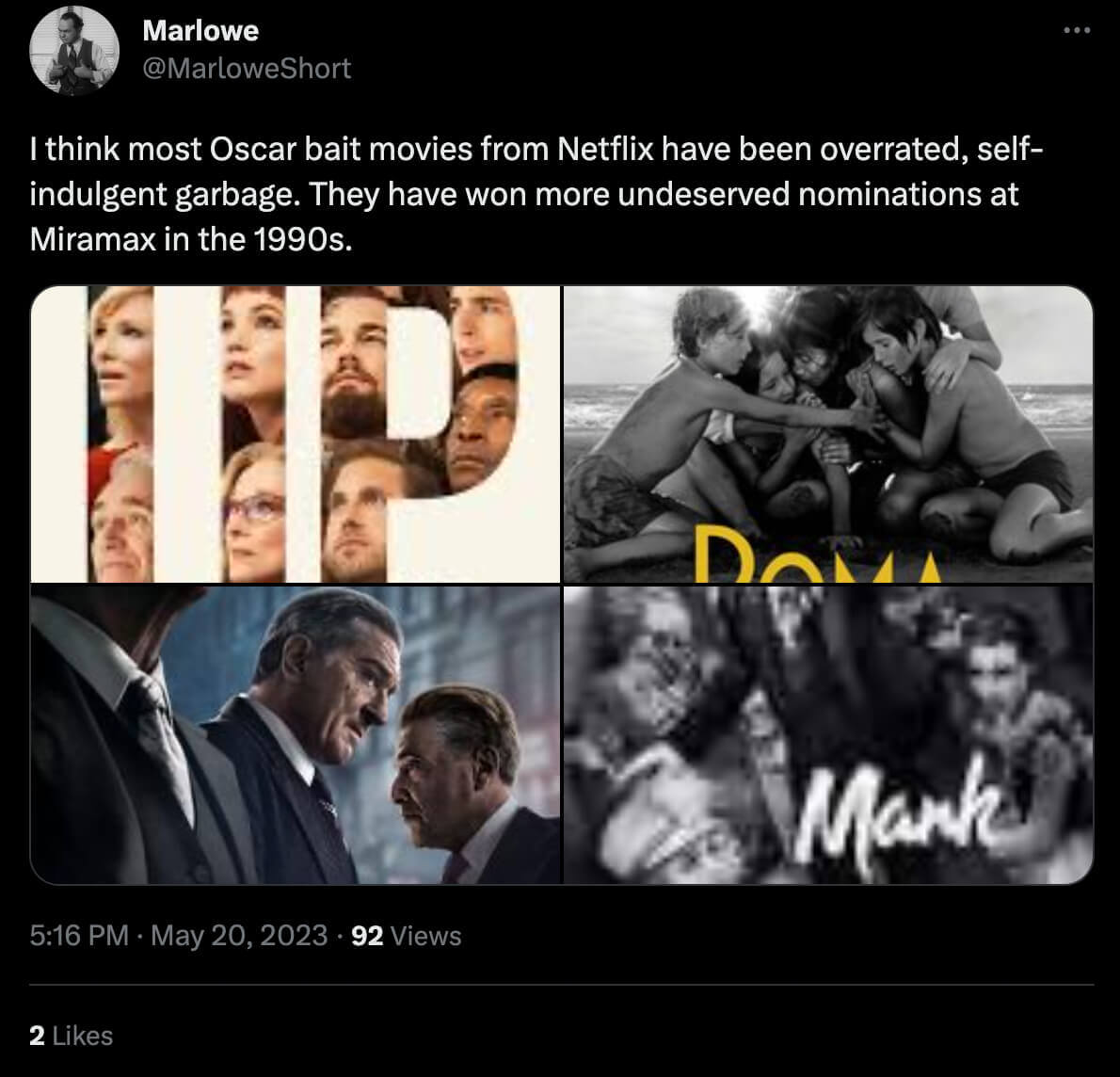 Tweet from a user annoyed by Netflix Oscar bait