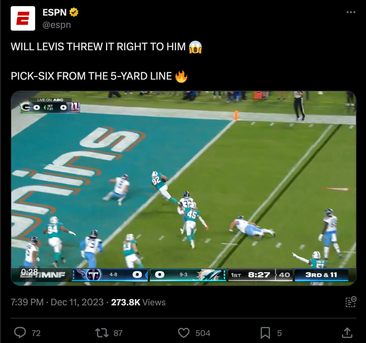 Post about a pick-six for the Dolphins