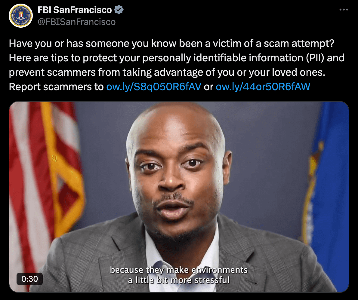 FBI San Francisco post on X about protecting PII