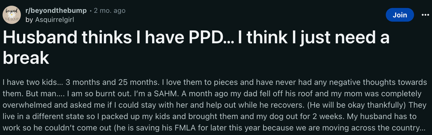 Woman asking about her PPD on Reddit