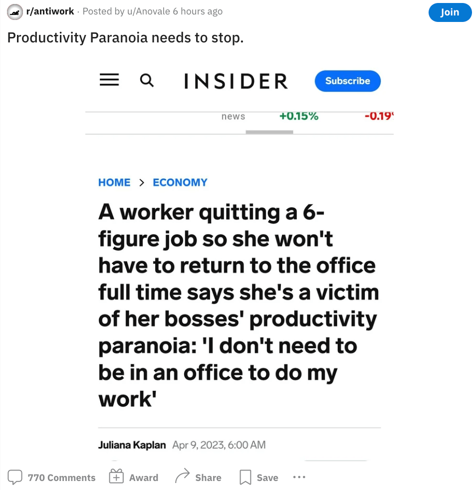 A Redditor sharing a headline about productivity paranoia