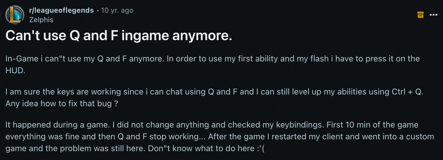 League of Legends gamer unable to use Q