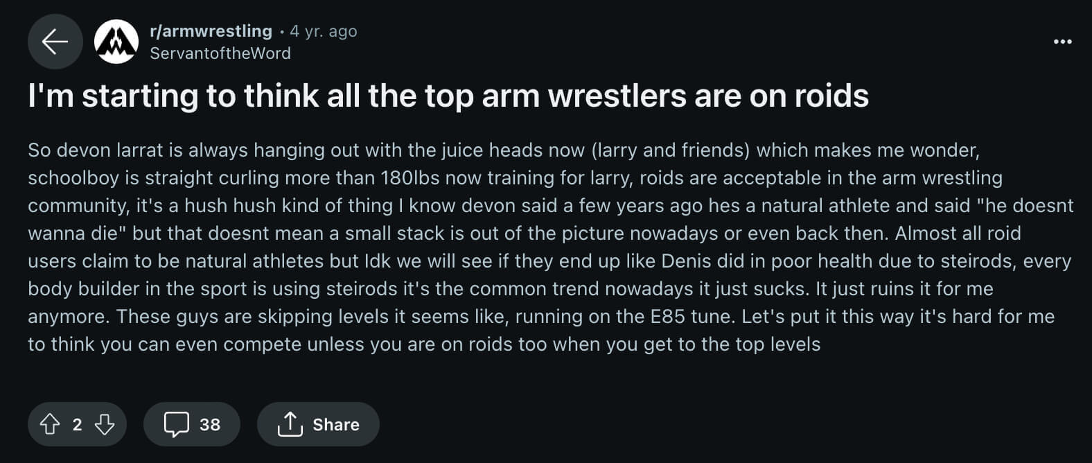 Reddit post about roids in arm wrestling competitions