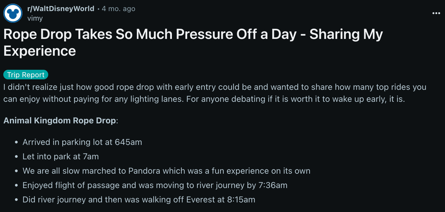 Rope drop post on Reddit