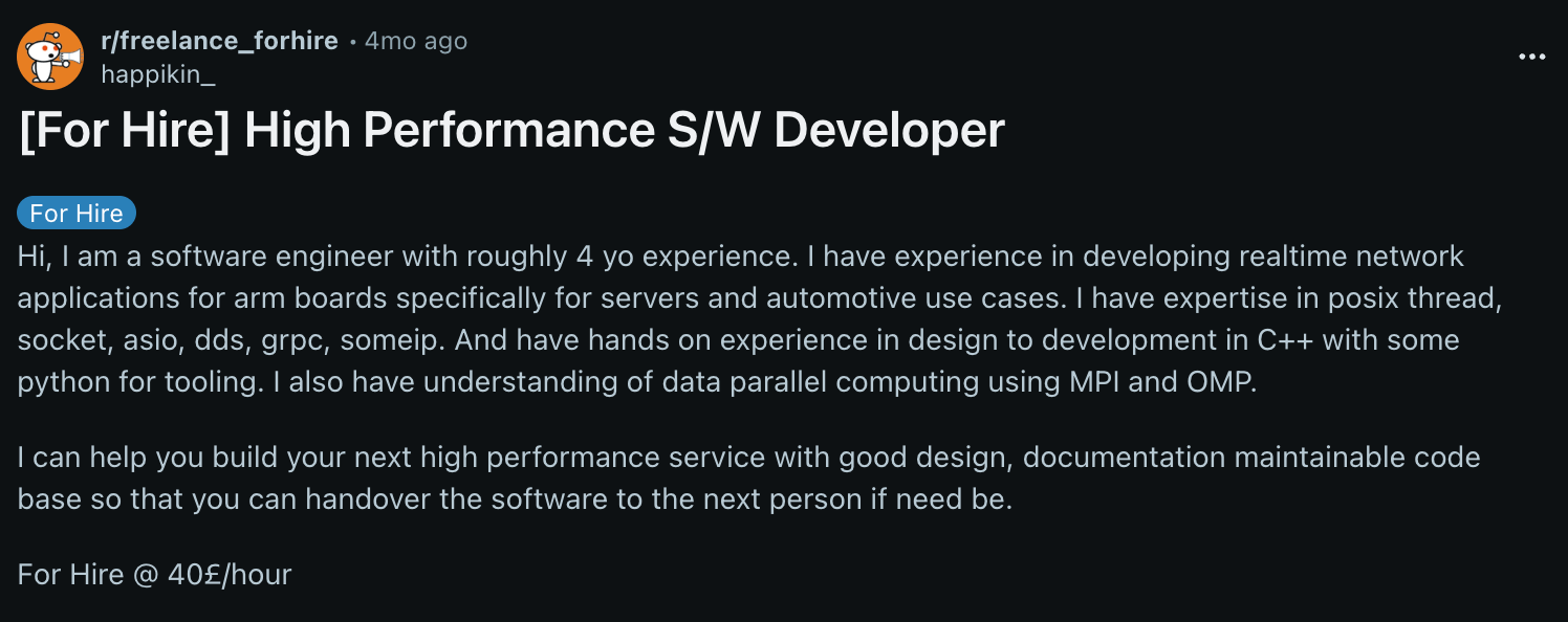 Freelance s/w developer on Reddit