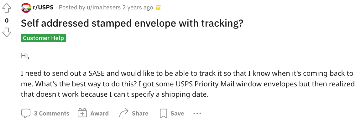 A Redditor asking about tracking SASEs