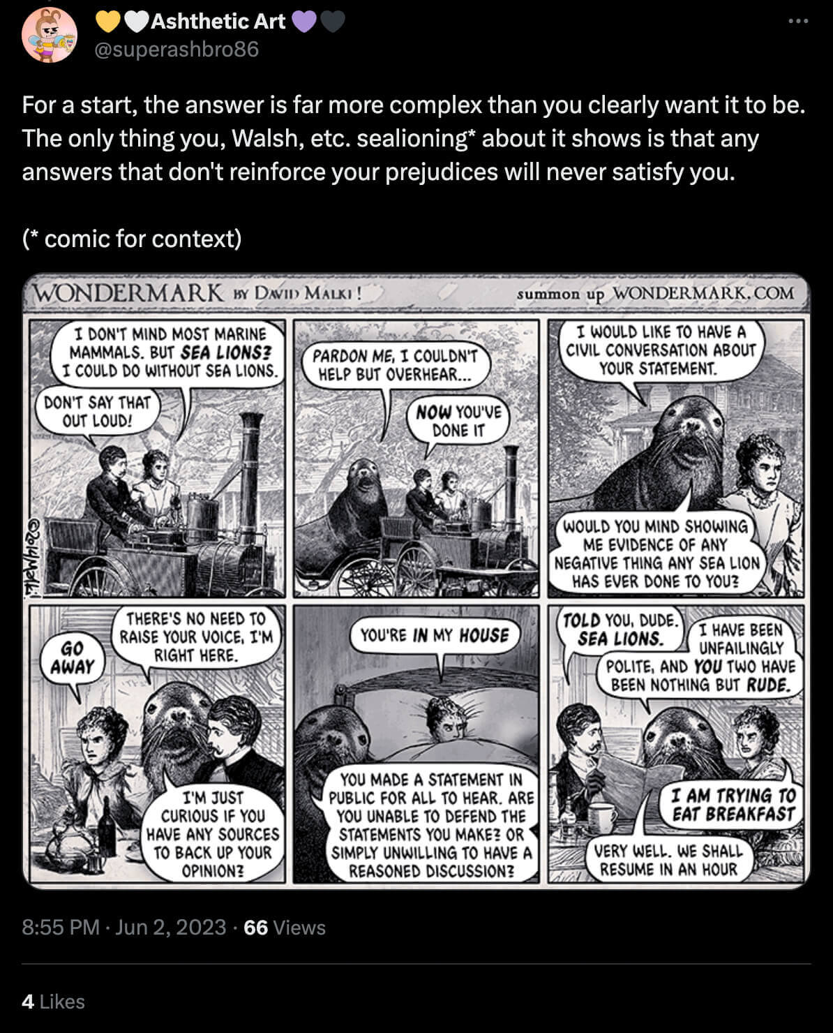 Sealioning tweet with the original comic that inspired the term