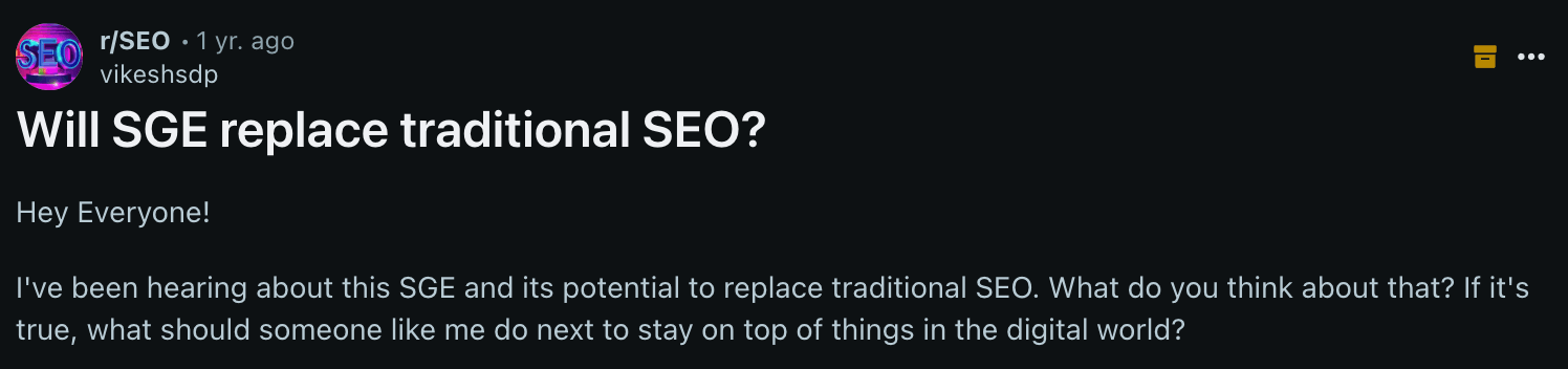 SGE question posed by an SEO enthusiast on Reddit