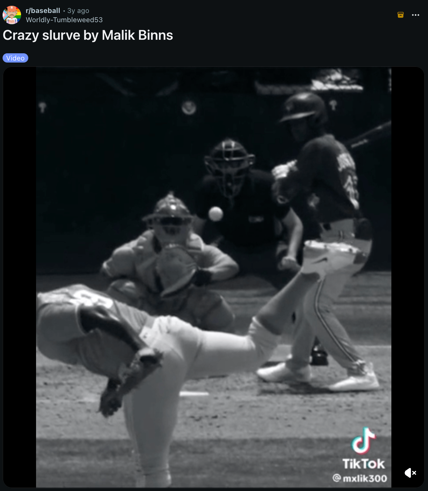 Reddit post about a crazy slurve from Malik Binns