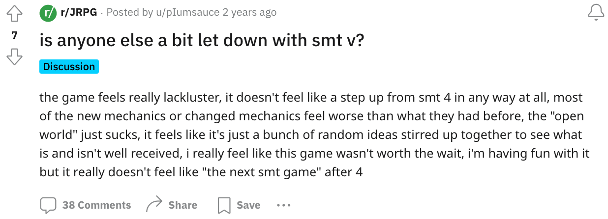 A gamer sharing their (poor) opinion of SMT V