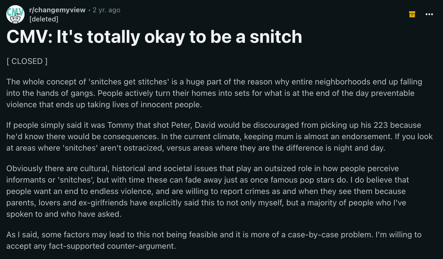 Reddit post about views on snitches