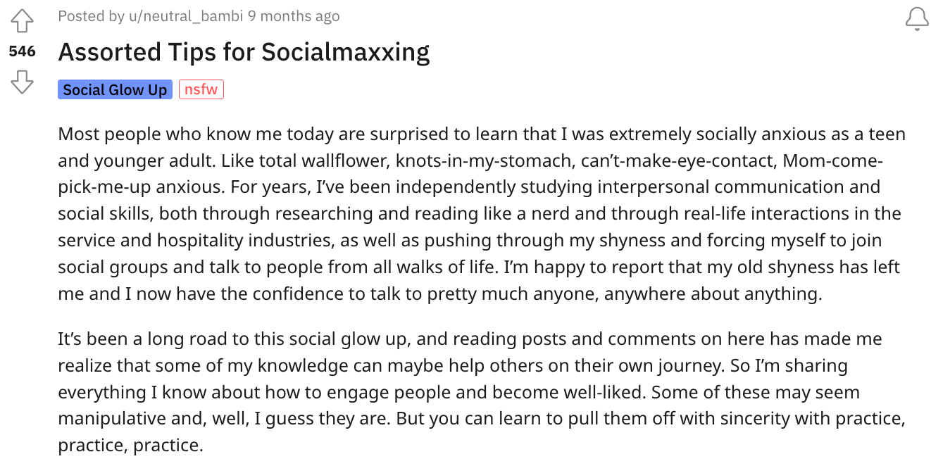 A Redditor sharing socialmaxxing tips