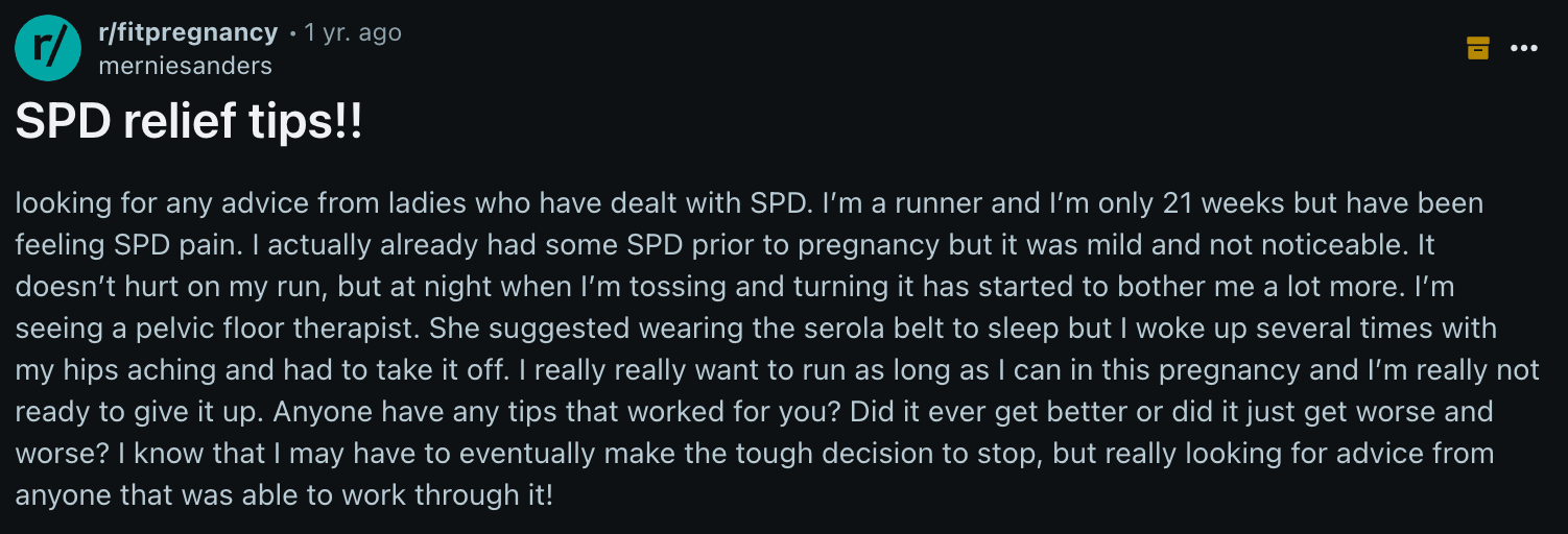 Pregnant woman looking for SPD relief tips on Reddit