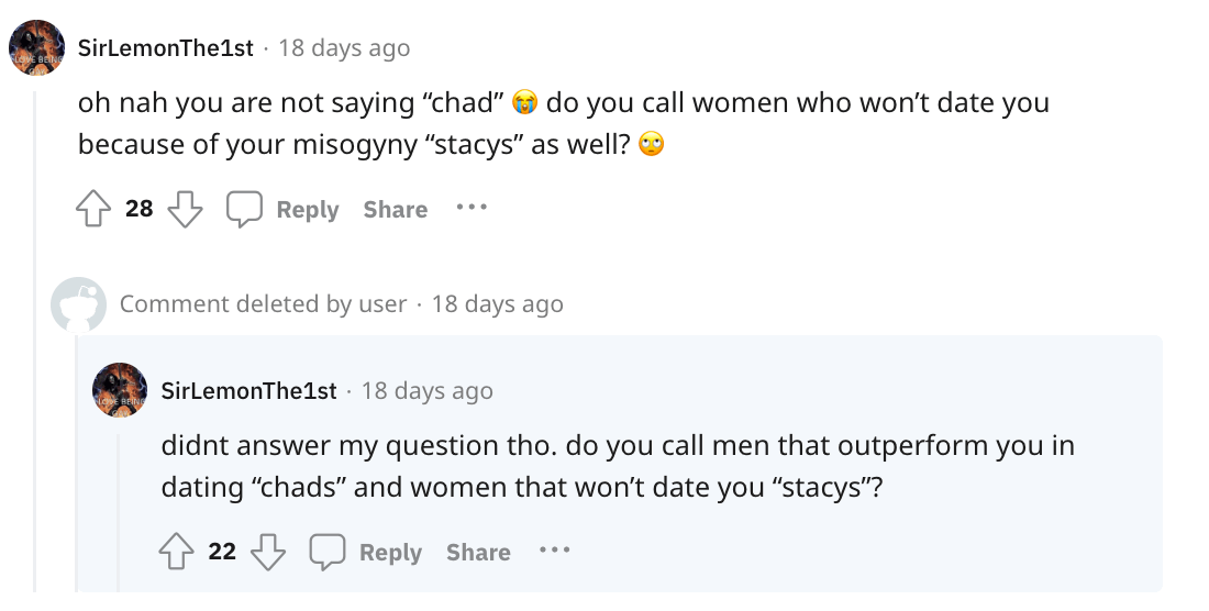 A Redditor calling out another user for using the term Stacy