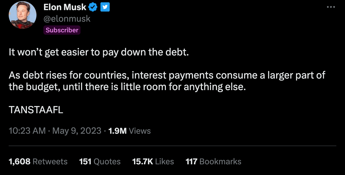 Elon Muck using TANSTAAFL as he tweets about rising debt