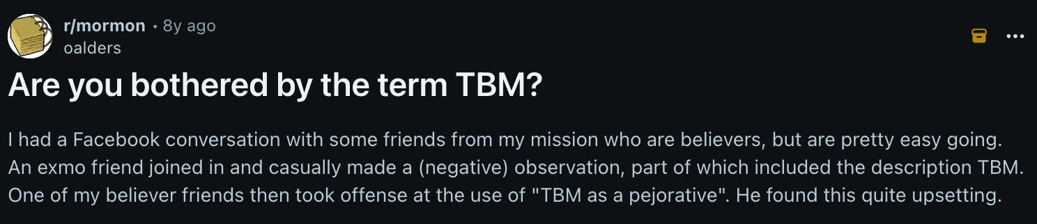 Reddit question to Mormons about TBM
