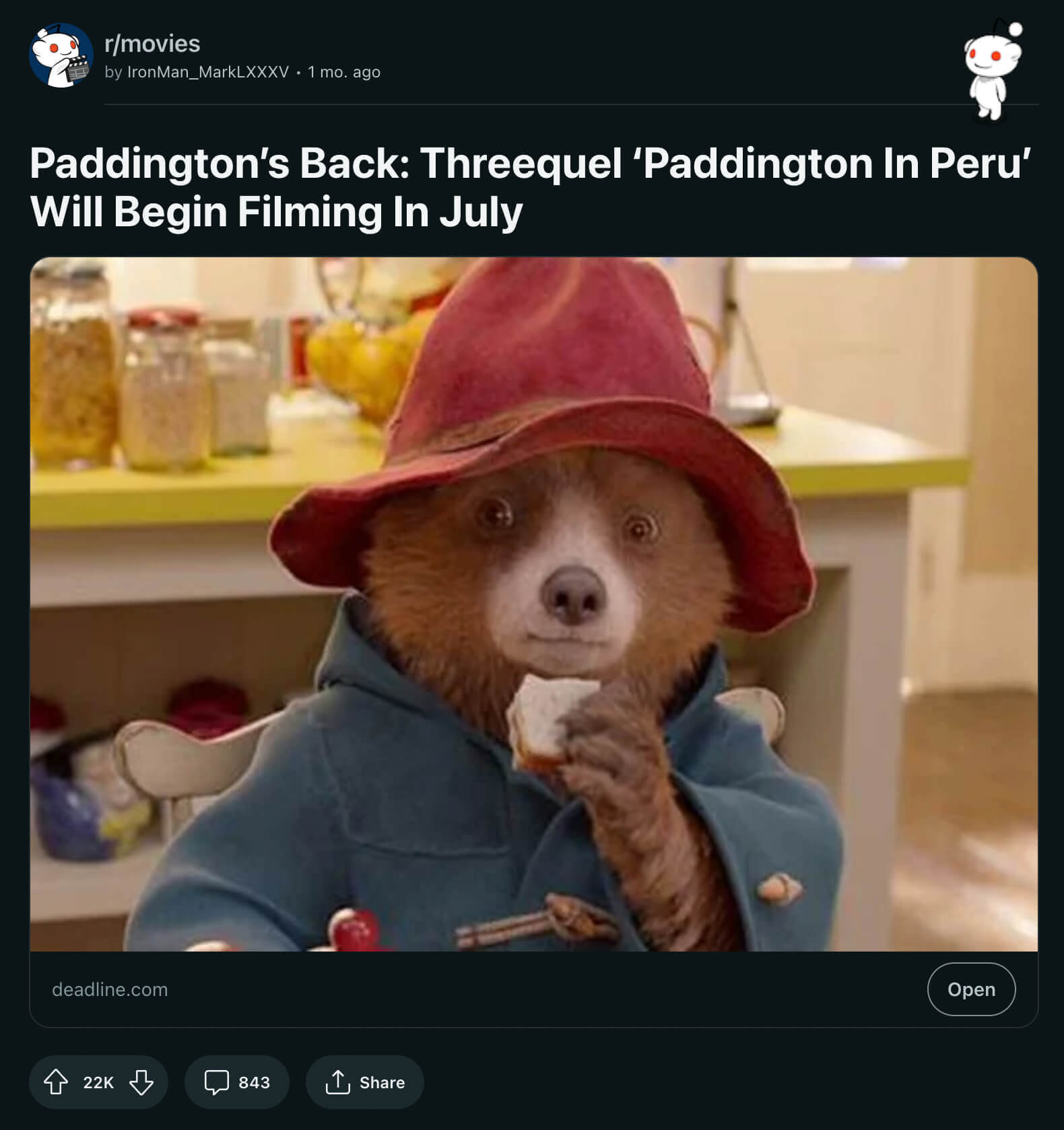 Reddit post about the Paddington threequel